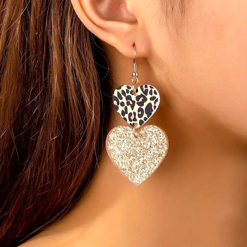 Leopard Print &‎ Glitter Double Heart Dangle Earrings